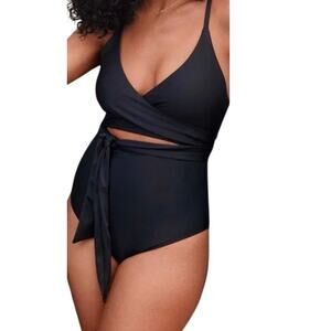 Aerie Black Wrap One Piece Swimsuit XL New With Tags Full Coverage Tie Waist